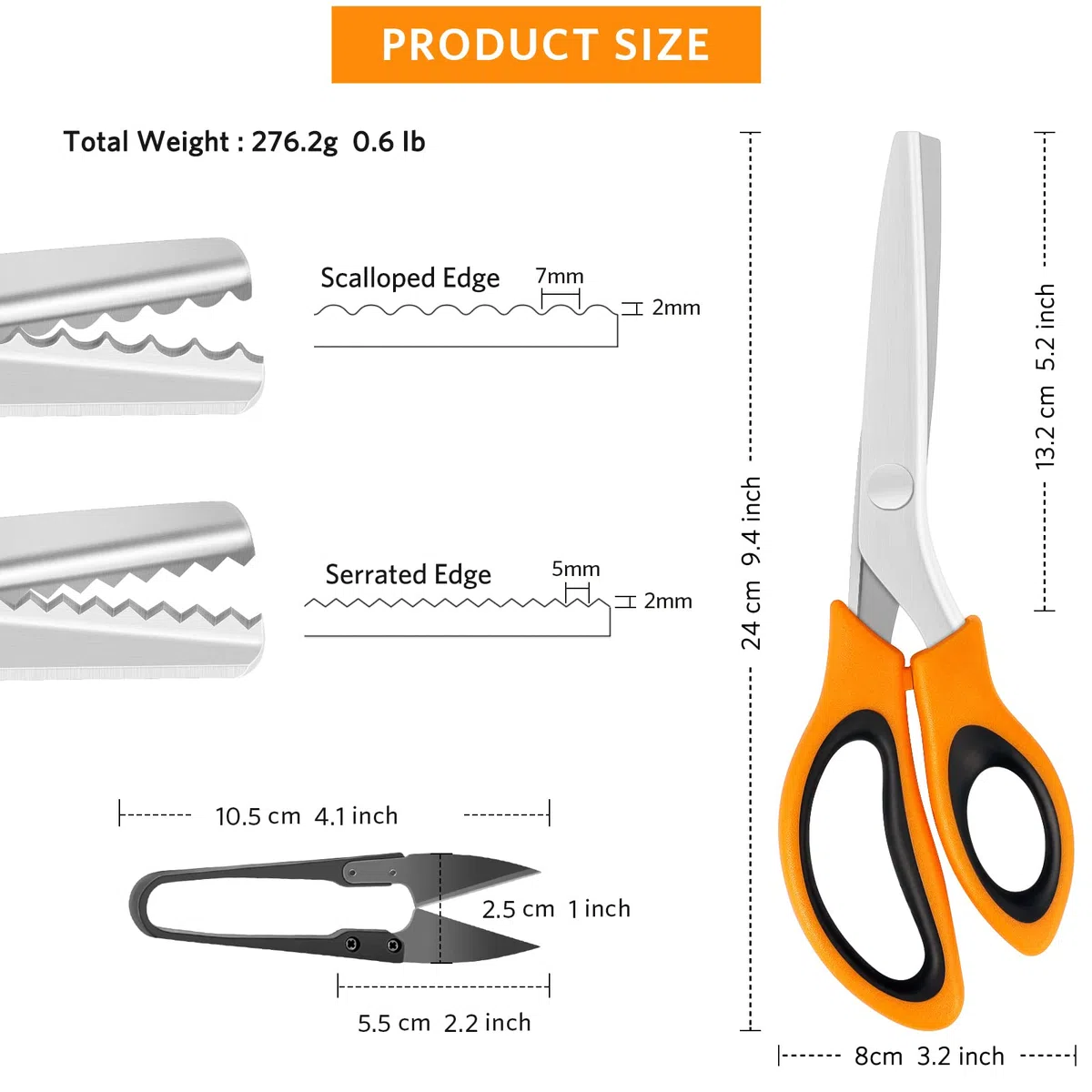 KUONIIY Tijeras dentadas (2 piezas, bordes dentados y ondulados) con tijeras para hilo, tijeras en zigzag con mango cómodo, para cortar tela, naranja negro