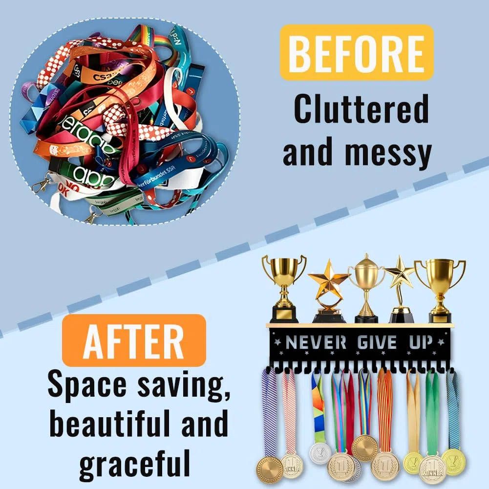 SUPERDANT Medallas para colgar trofeos de madera, estante con 18 ganchos, soporte de metal, montaje en pared, medallas deportivas, regalo para niños, atletas