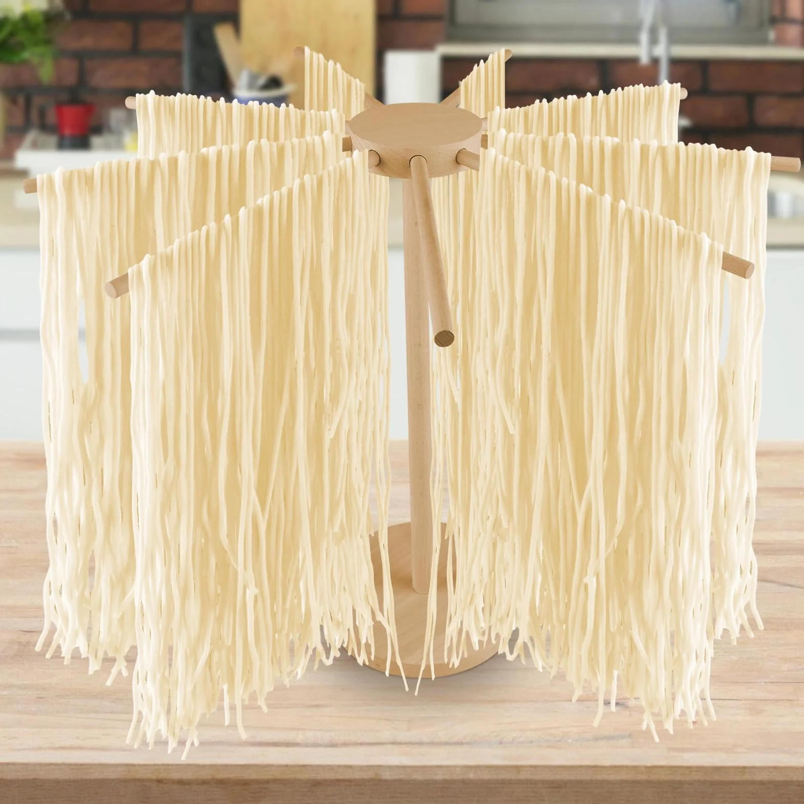 Secador de pasta de madera: secador de pasta plegable de madera con 9 brazos extraíbles para hasta 4,5 kg, versátil y reutilizable, soporte para pasta con base, plegable para pasta casera