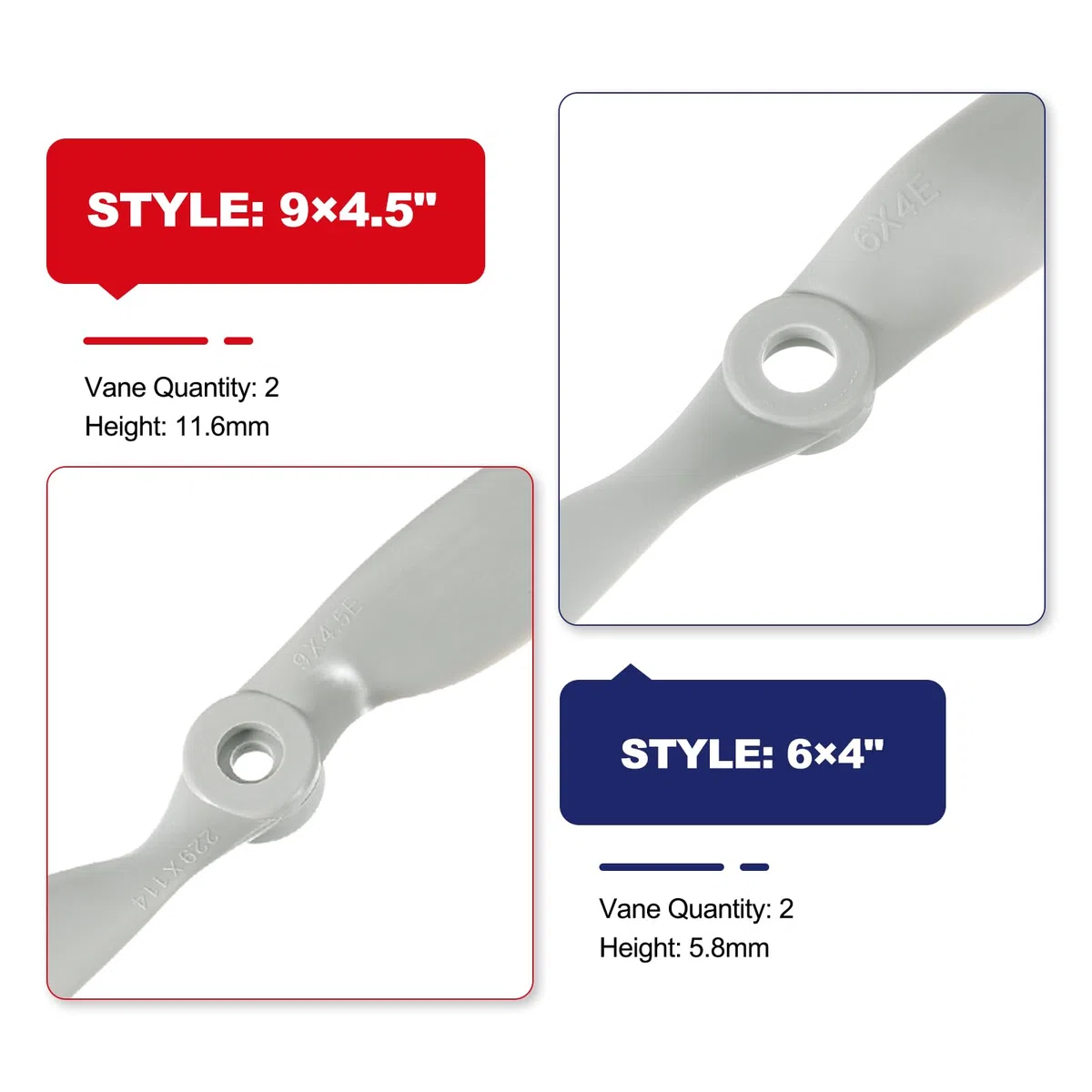 QUARKZMAN 6x4" 9x4.5" Hélice de Avión RC 2 Aspas con Anillos Adaptadores Hojas de Hélice RC para Aviones Eléctricos, 4 Pcs, Gris