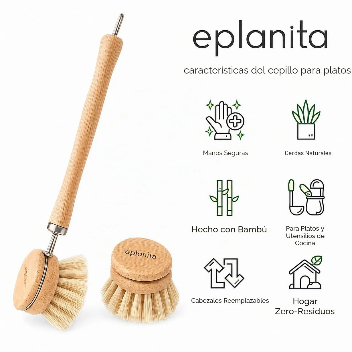 eplanita Cepillo de Vajilla Natural Bambú Ecológico 3 Cabezales Recambio Esponja Vegetal Extra