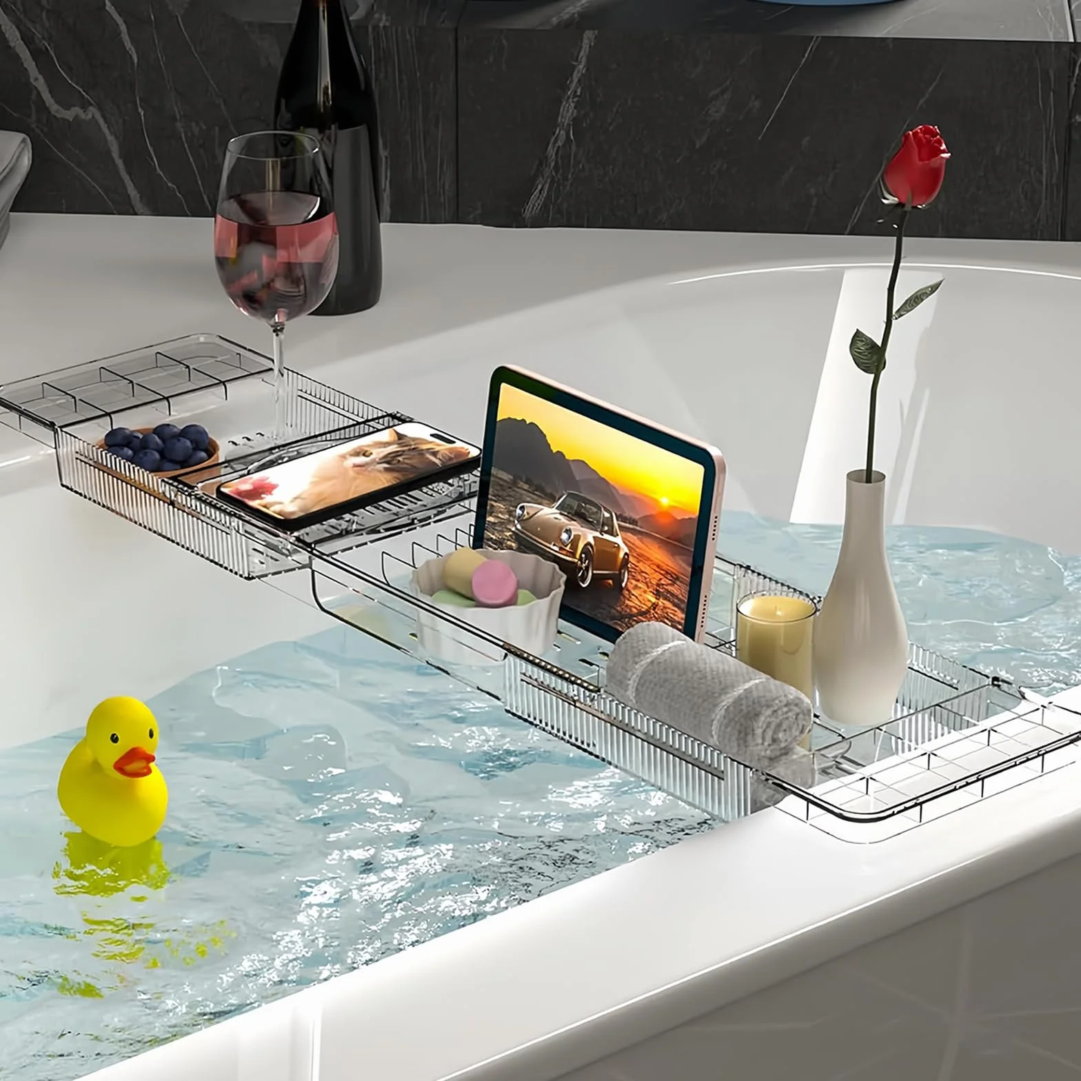 Bandeja para bañera de plástico, bandeja de bañera, tabla de bañera ajustable, estantes para la mayoría de tamaños de bañera, accesorios de baño espacio para toallas, copas de vino y libros