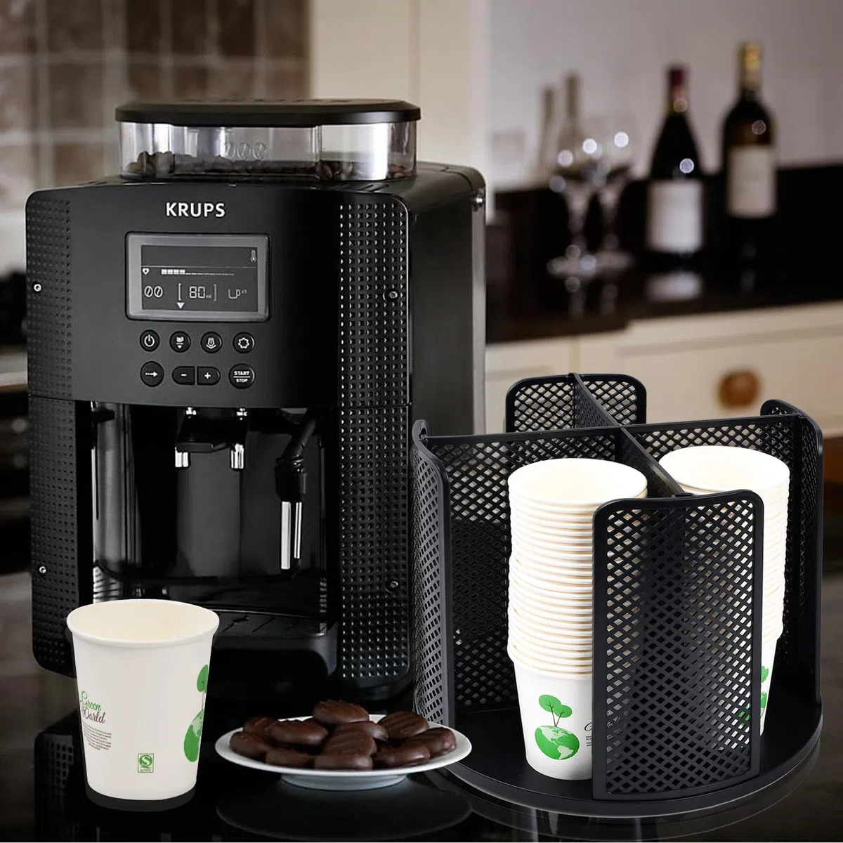 Organizador de tazas y tapas giratorias con 4 compartimentos, soporte de almacenamiento para encimera, dispensador de tazas de café, dispensador de tazas de café para encimera, baño, cocina