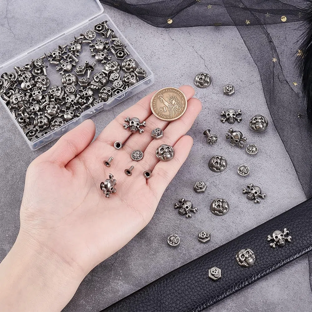PH PandaHall 80 juegos de remaches de cabeza de calavera con rosca trasera, 4 estilos de remaches decorativos de calavera, remaches de esqueleto de plata envejecida para bolsa de ropa, cinturón de