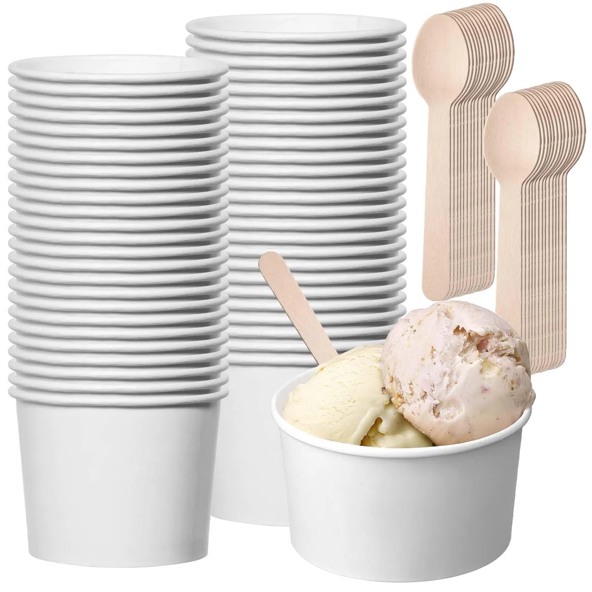 50 vasos de helado universales ecológicos de cartón, 240 ml, de papel, con 50 cucharas, helados de cartón, vasos compostables, vasos de papel para helados, yogur, comida con dedos, color blanco