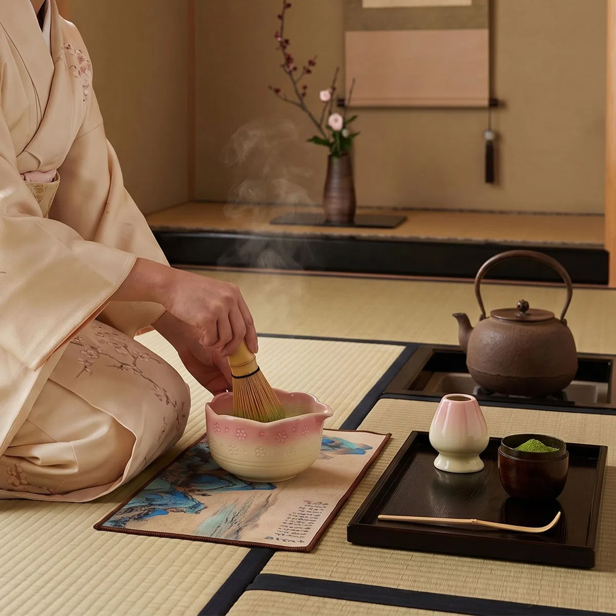 Kit Matcha 8 Piezas, Set Ceremonia Té Japonés con Cuenco 550ml, Batidor, Soporte Chasen, Cuchara Chashaku, Porta Cuchara, Colador y Paño