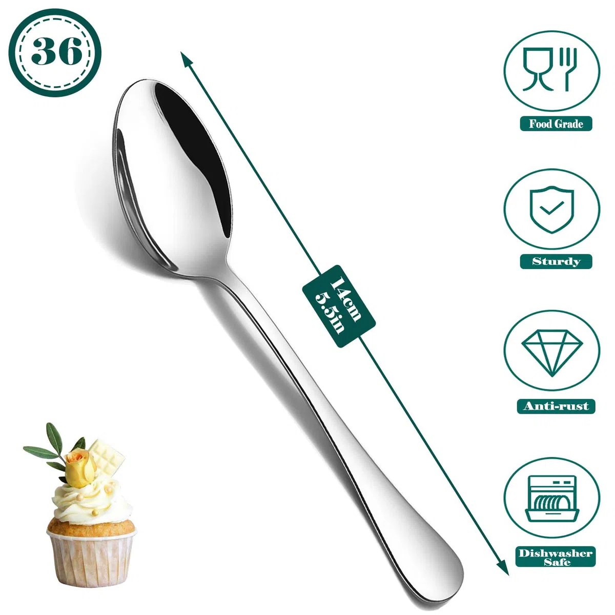 Juego de 36 cucharillas postre PionStar – Acero inoxidable, aptas para lavavajillas – Cucharillas de café, cucharas de postre y más (14 cm / 5,5 pulgadas) – Ideal para hogar, cocina o restaurante
