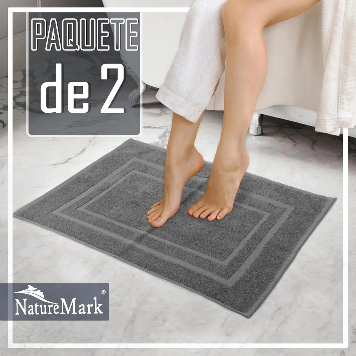 NatureMark Alfombrillas de baño en Paquete de 2 Unidades, 100% algodón, 50 x 80 cm, Alfombrillas de Ducha en Paquete Doble, Color: Gris Antracita