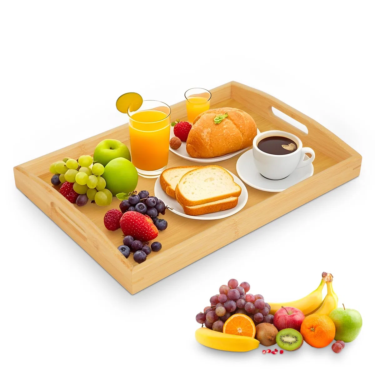 Bandeja de Madera para Servir Comida, Bandeja Madera Rectangular con Asas, Bandeja de Bambú Grande, Bandejas para Servir Comida en Cocina, Salón o como Decoración (Natural)