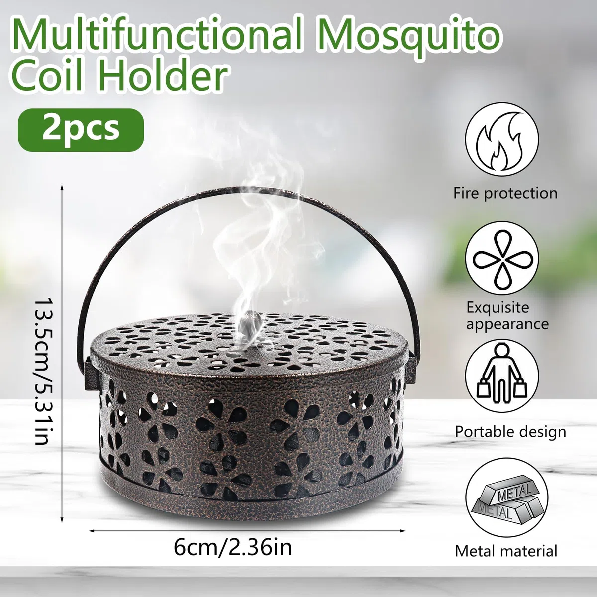 2 Piezas Porta Incienso Antimosquitos,Portable Mosquito Coil Holder,con Tapa y Asa Porta Incienso Espiral para Casa Camping Viajes,Hotel, Sala de Estar(Bronce)