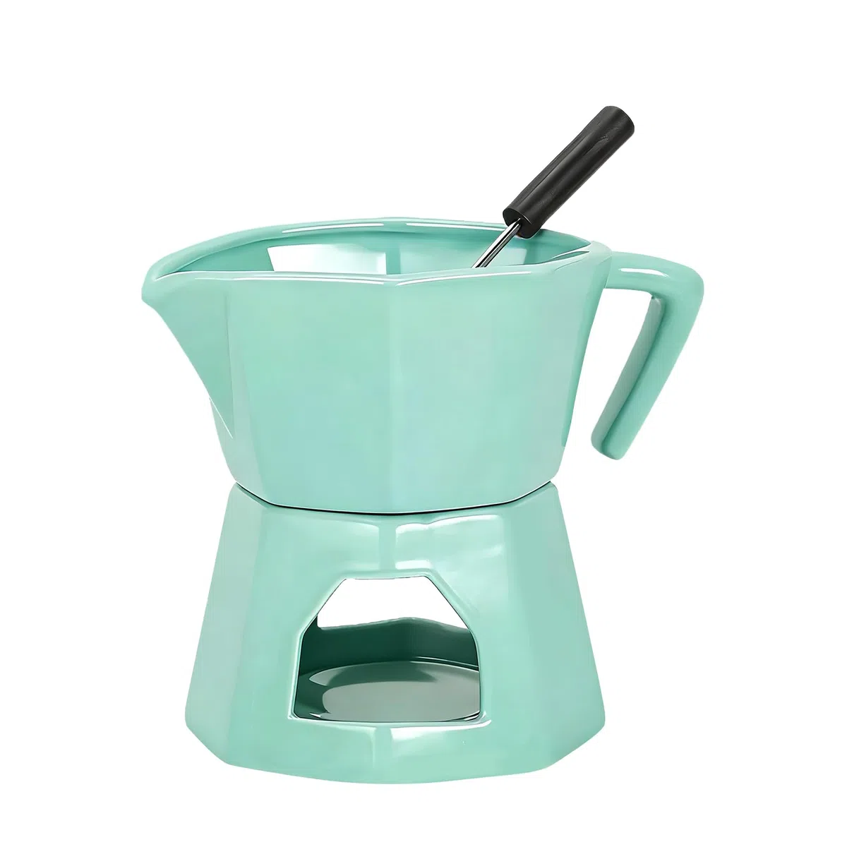 Fondue de Chocolate, Fondue Chocolate y Mantequilla de Cerámica, Set de 300ml con 1 Tenedores para Queso (Verde)