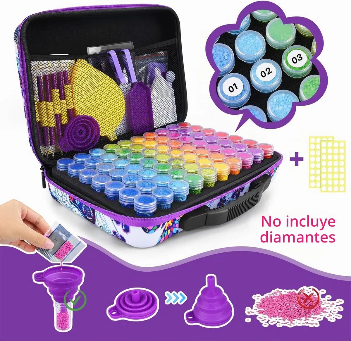 Herramientas de bordado con diamantes, 132 piezas, con 60 cajas de almacenamiento y rodillo de pintura de diamante, para adultos o niños