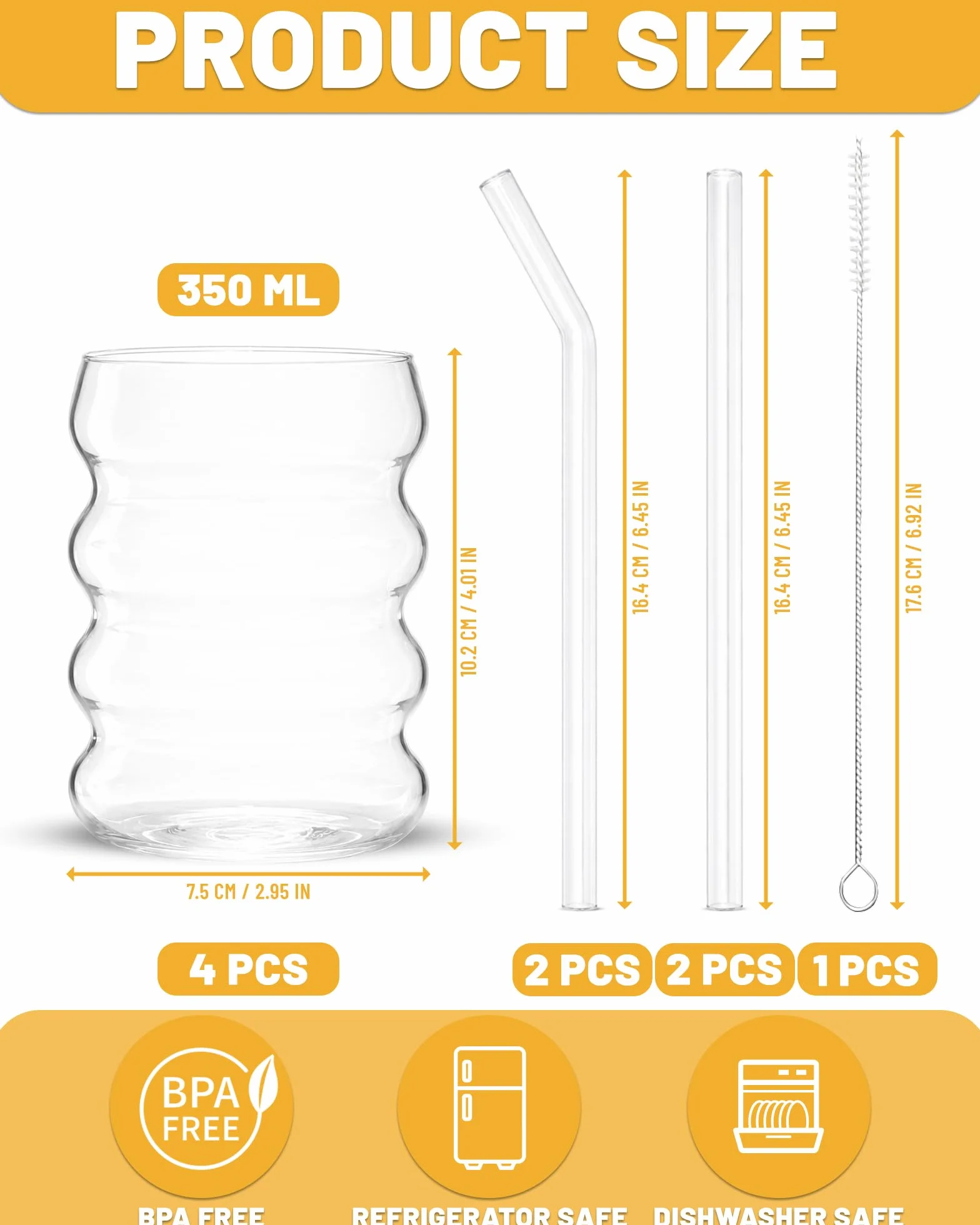 Juego de 4 Vasos de Cristal con Pajita y Cepillos 350 ml – Vasos Ondulados Resistentes Al Frío y Al Calor para Café Helado, Agua y Bebidas