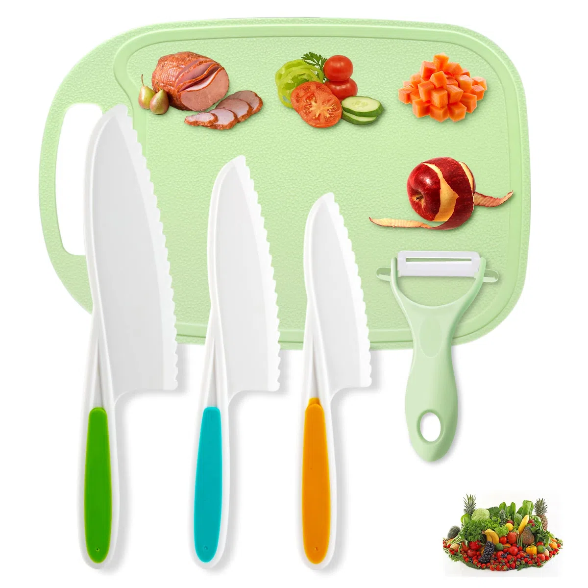 Cuchillos seguros para niños, juego de cuchillos de nailon para niños, ajuste firme, apto para principiantes, reutilizable, tabla de frutas, resistente para niños, cocina, 5 unidades, color verde
