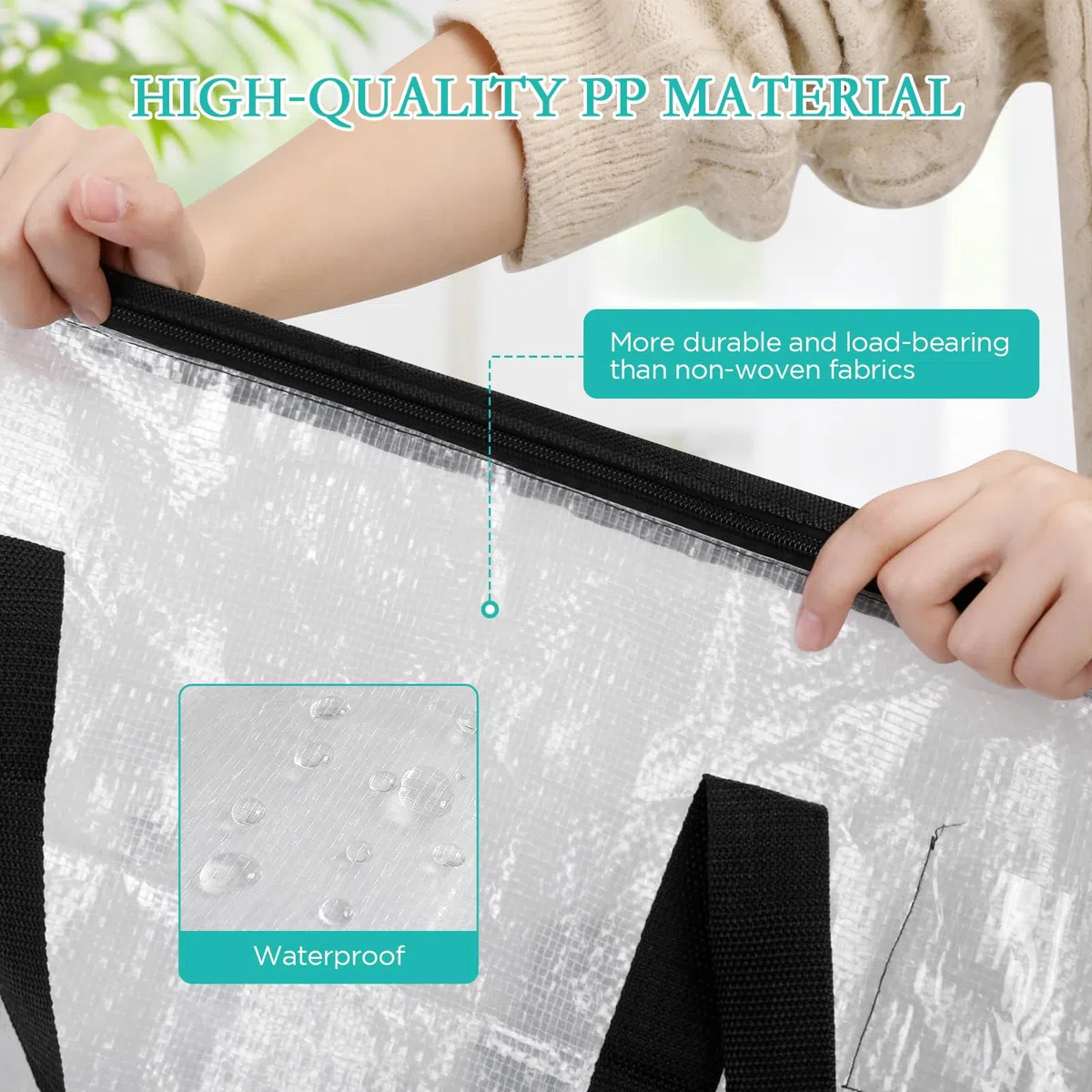 AiQInu 2 Piezas Bolsa Almacenaje 72 L, Impermeable Bolsas Mudanza Grandes Cremallera y Asa, Transparente Bolsa de Almacenamiento Ropa, Cajas Ordenacion Armario para Guardar Ropa Edredones