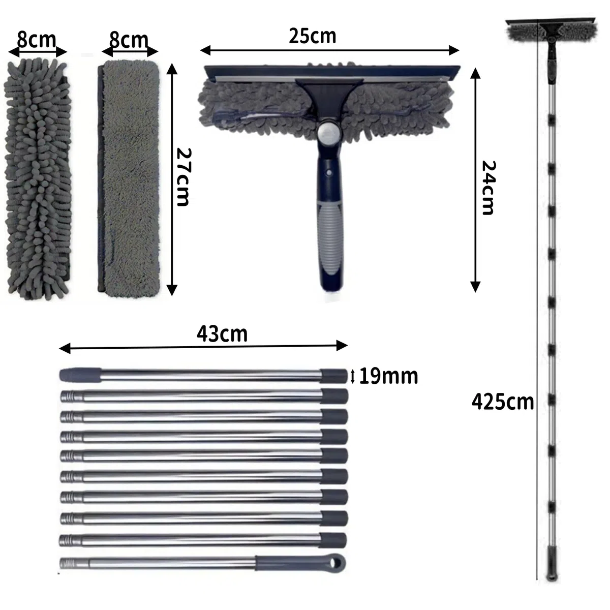 Kit de Limpieza de Ventanas de 4,25 Metros,Smavles Limpiacristales Profesional Extensible 2 en 1 Limpiar Cristales Ventanas, Kit Limpiacristales Profesional para Ducha Cristal Espejo Puerta Coche