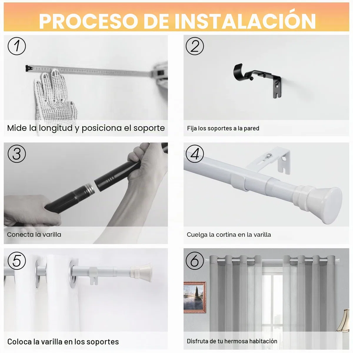 Barra Cortina Extensible, 81-204 cm, Juego de Barra Cortina Estable, Blanca