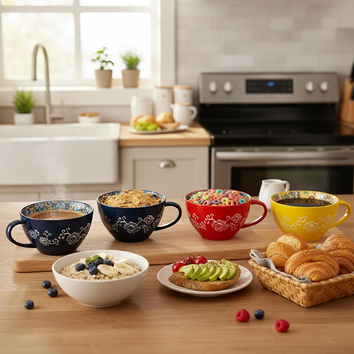 Taza de Sopa de Cerámica 400 ml con Asa, Cuenco de Sopa de Cerámica Pintado a Mano, Resistente al Horno y Microondas - Para Desayuno, Muesli, Postre, Leche, Frutas y Ensalada (GLD)