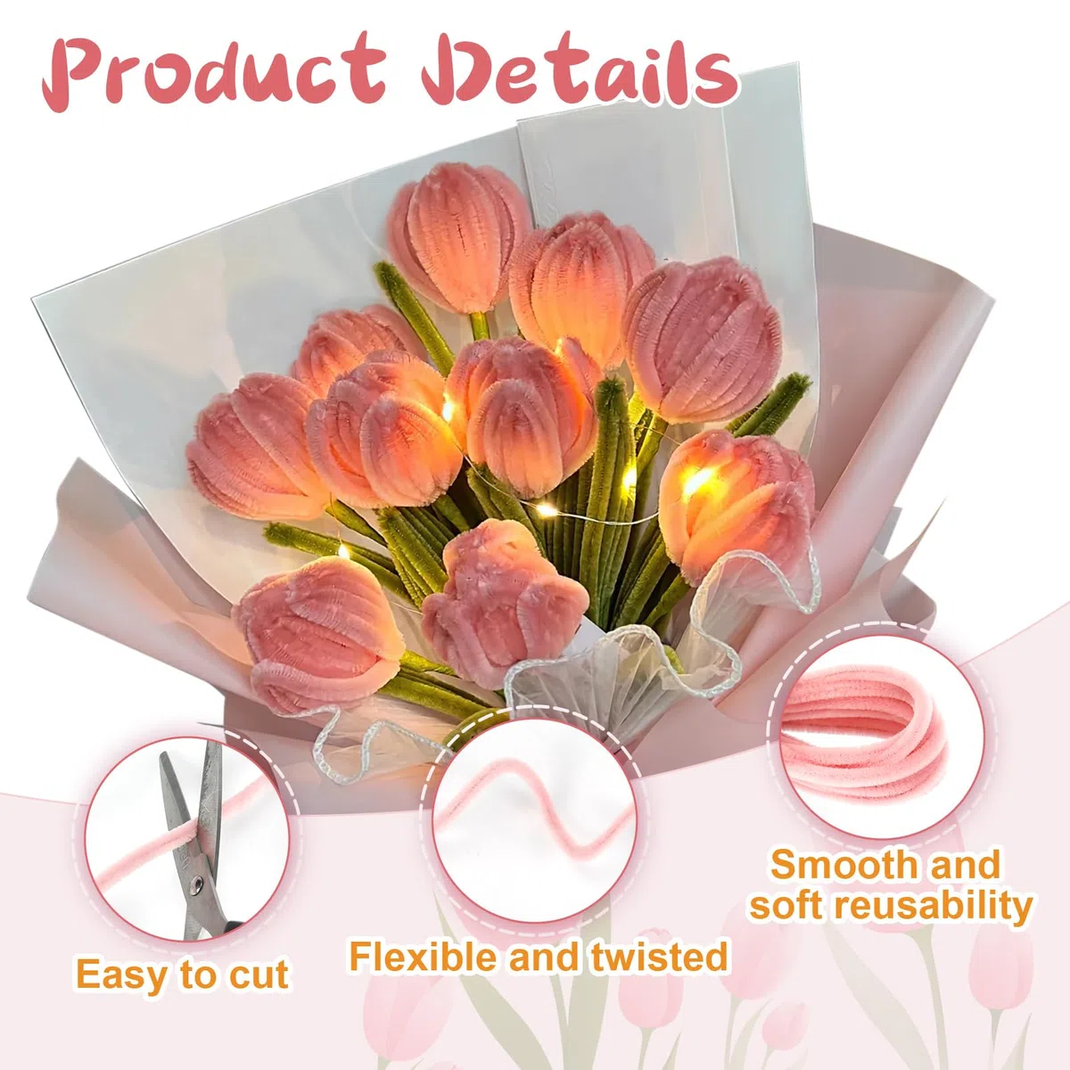 Juego de 400 limpiapipas para manualidades, limpiador de pipas de flores, con tira de luz LED, cinta de lazo, estambre, papel floral, limpiador de pipas de flores, kit de flores para ramo de