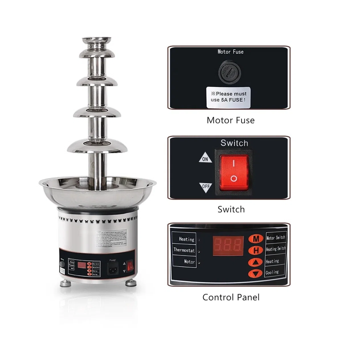 Fuente de chocolate acero inoxidable, máquina cascada con función derretimiento y calentamiento, 4/5/6/7 niveles, uso comercial,De larga duración(5 tiers 110V)