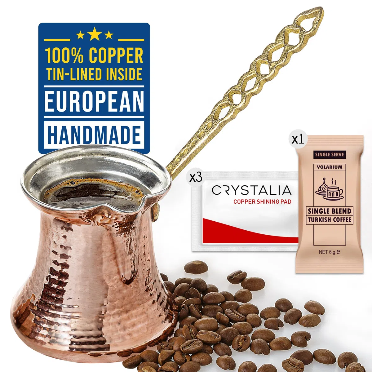 Volarium turca, árabe griega, café de cobre martillado, estufa