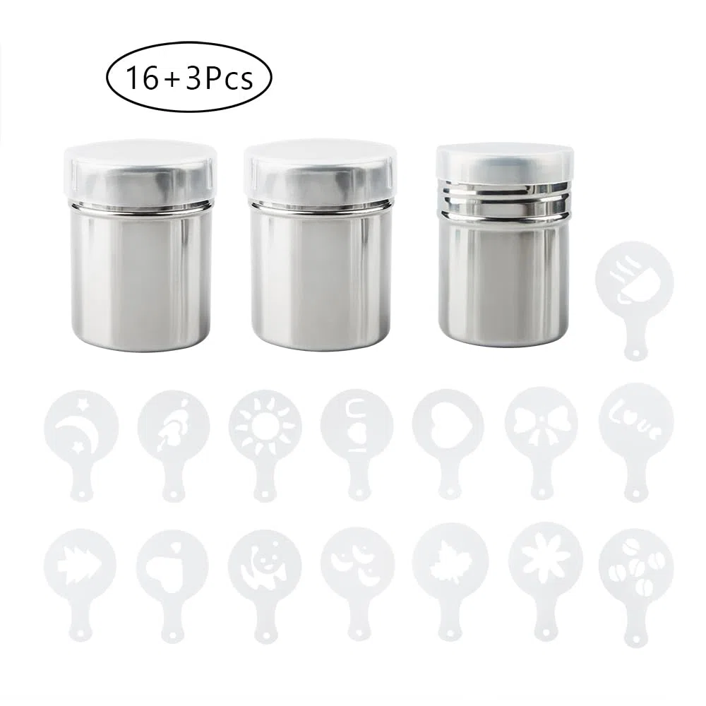 3 paquetes Acero inoxidable Sacudidor de polvo con 16 piezas Plantillas de moldes de impresión, Latas de polvo con malla para el café Capuchino Latté