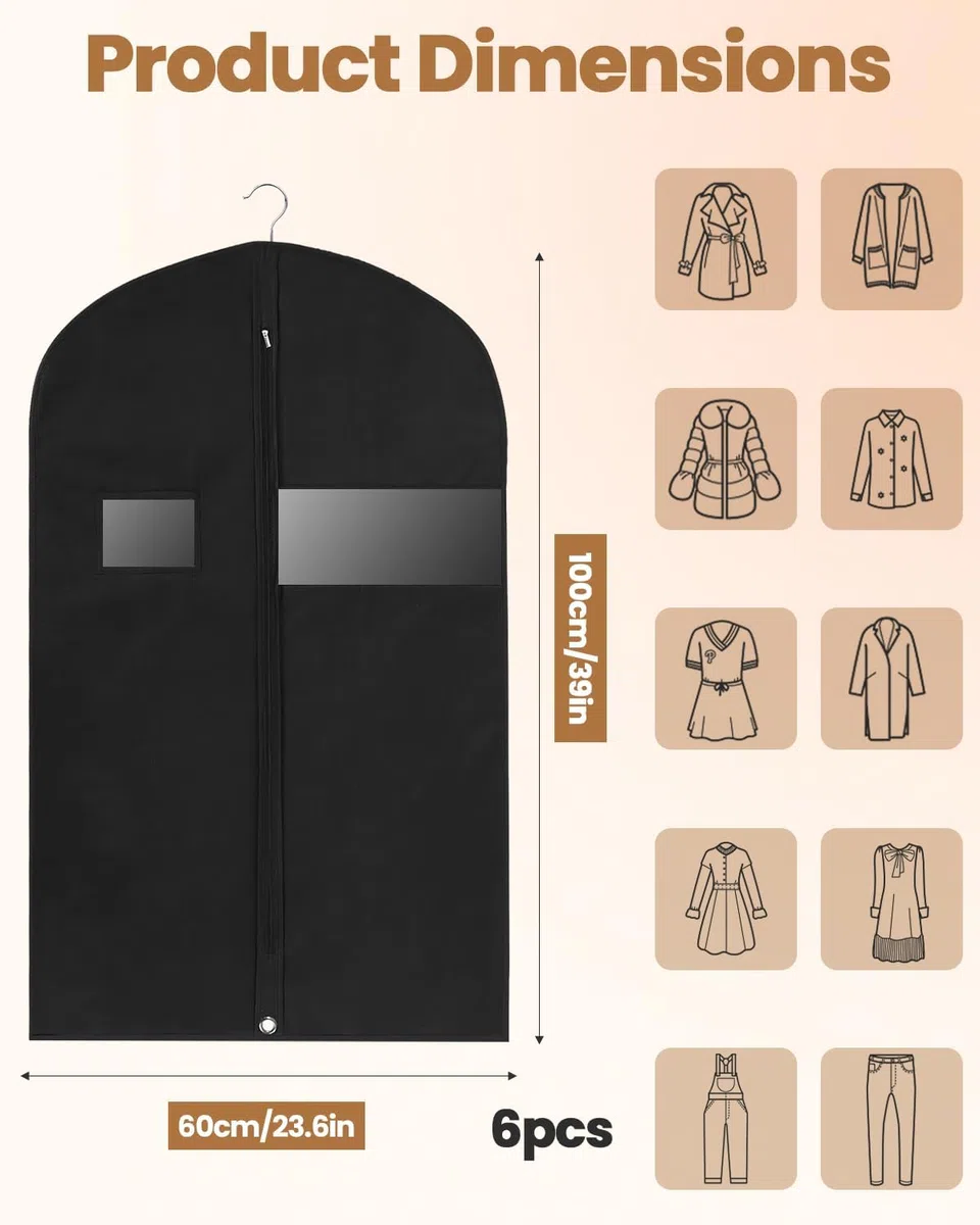 6 Piezas Fundas Ropa Negro,60x100cm Fundas De Ropa a Prueba De Polvo,Adecuado Para Porta Trajes Viaje Hombre,Trajes, Chaquetas, Camisas