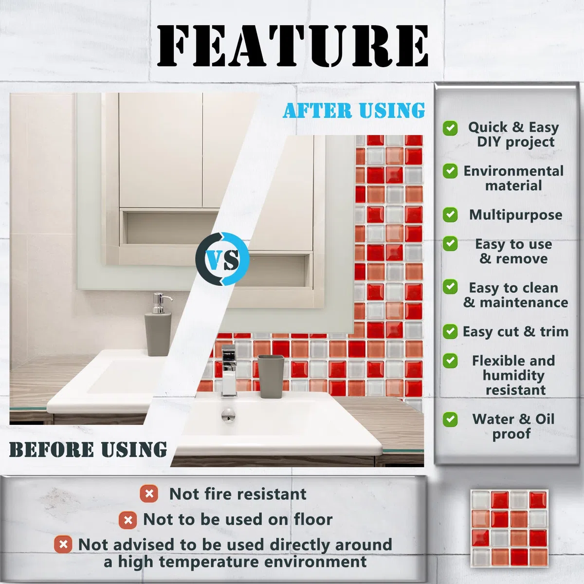 20 Piezas Adhesivos para Azulejos de Baño y Cocina, Mosaico PVC Impermeable para Suelos y Paredes, DIY Decoración del Hogar (15x15cm, Rojo)