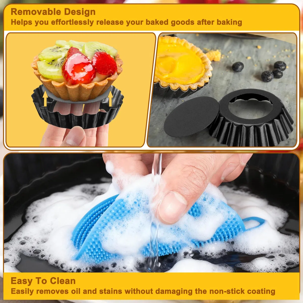 12 Piezas Moldes Tartaletas con Base Extraíble, 8cm Molde Quiche Mini Antiadherentes, Molde Redondo con Base Desmontable, Moldes Acero Carbono para Tartas Frutas, Pasteles, Tartelette (Negro)