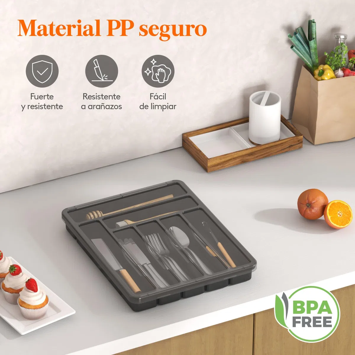 Lifewit Caja de Organizador de Cuberteros Con Tapa, Bandeja Utensilios de Plástico para Cajon Cocina Encimera, Caso de almacenamiento para Cuchillo/Cuchara/Tenedor/Vajilla, 7 compartimentos, Negro