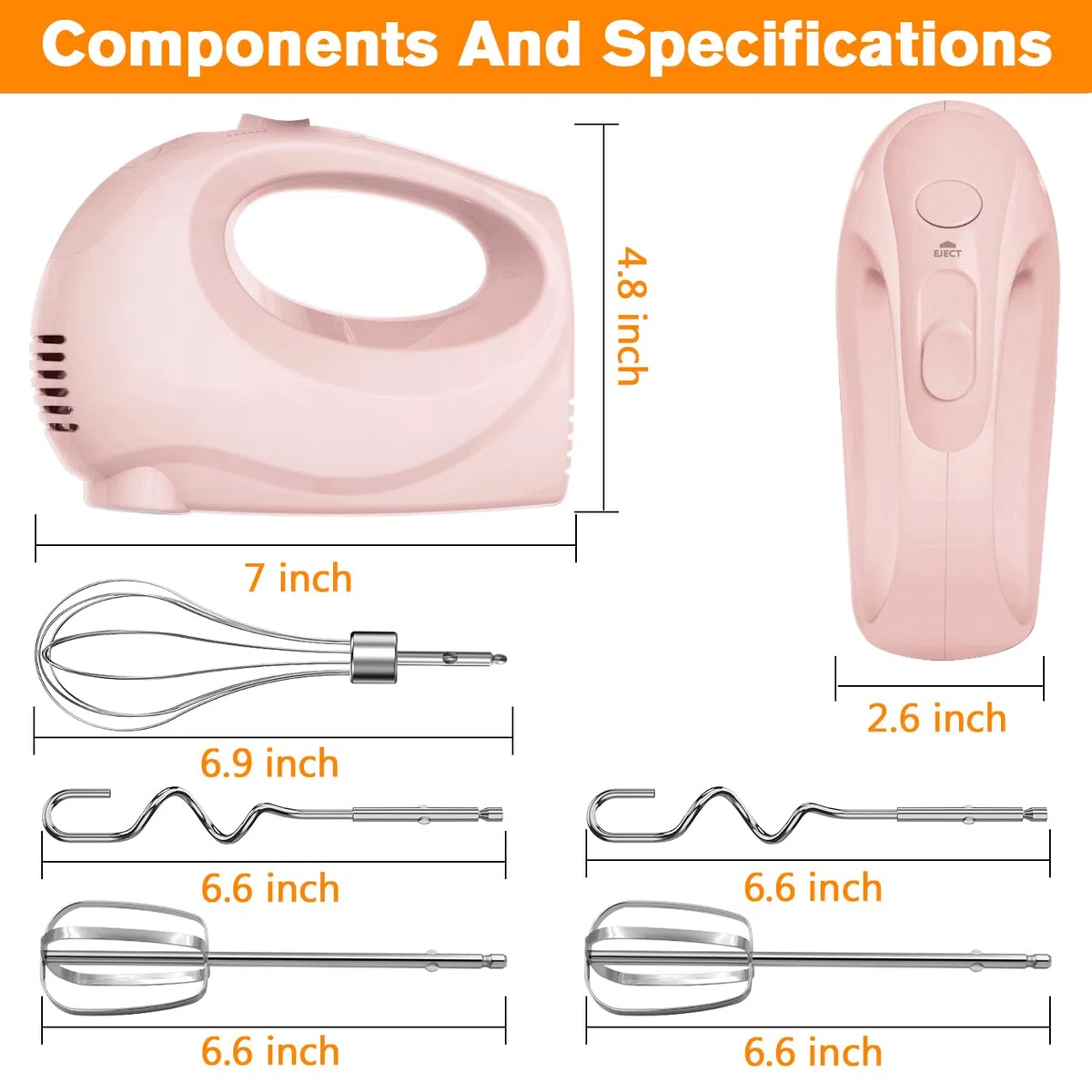 Leaflai Batidora de mano eléctrica, batidora de mano de 5 niveles, incluye 1 batidor, 2 varillas mezcladoras, 2 ganchos para amasar de acero inoxidable, apto para lavavajillas (rosa)