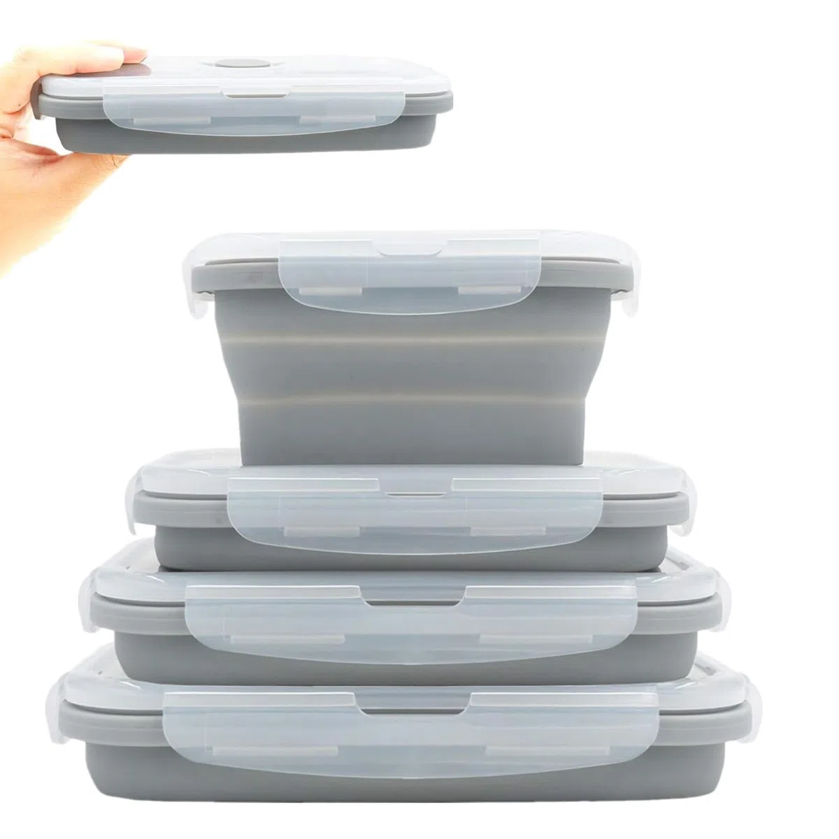 Juego de 4 Envases para Alimentos Plegables de Silicona, para Cocina, Pícnic, Senderismo, Escuela, Bento, Color Gris