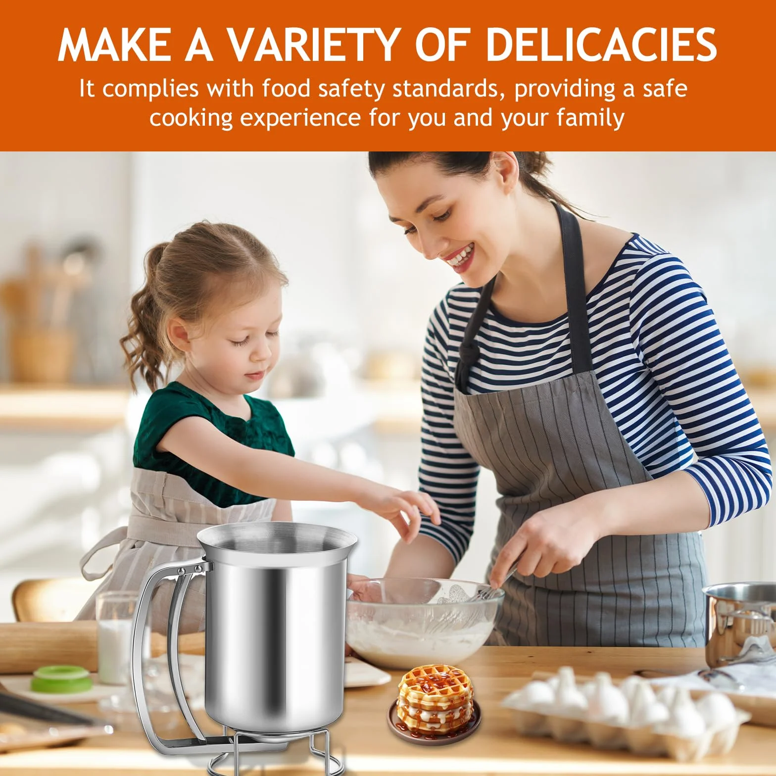 Dispensador Masa Acero Inoxidable 900ml, Dispensador Líquido Tarta Huevo con Mango Presionando, Embudo Reposteria Profesional Cocina para Pasteles, Panqueques, Magdalenas, Gofres, Crepes, Tortitas