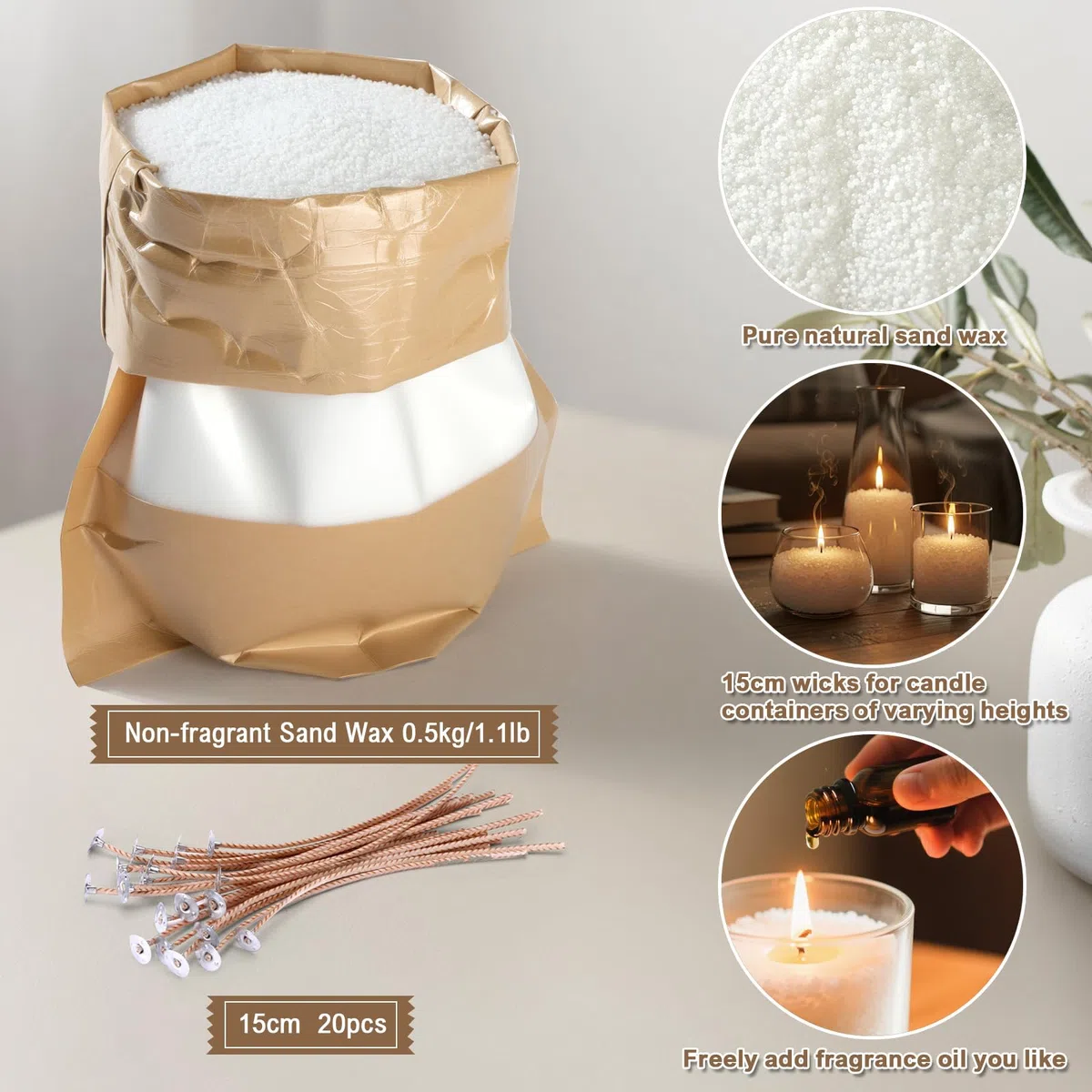 Kesote Cera para velas, 500 g, con 20 velas con mecha para hacer tú mismo, juego de velas para verter arena decorativa y cera de parafina blanca