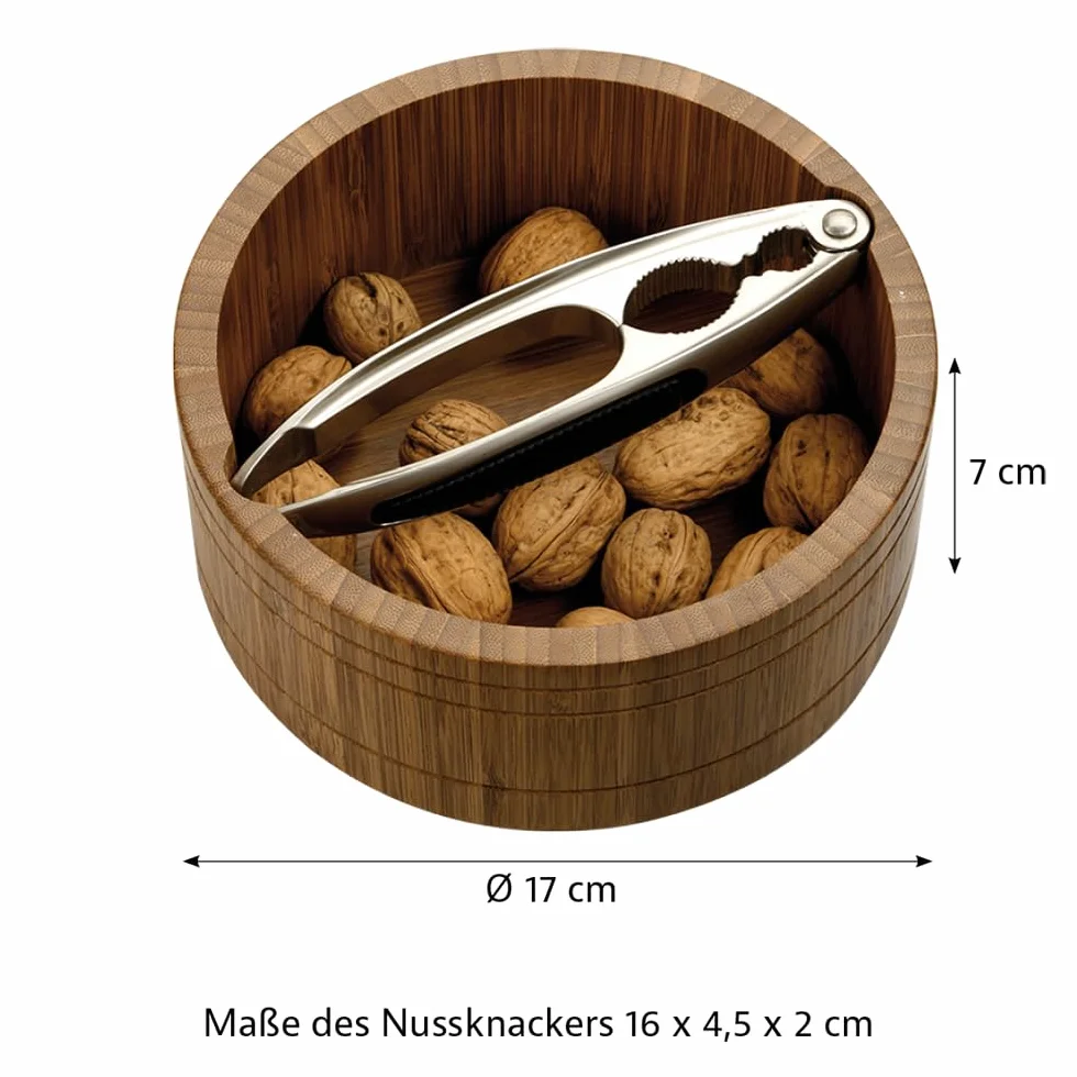 Kesper | Cuenco para nueces con cascanueces, material: bambú, acero inoxidable, tamaño: Ø 17 cm/altura: 7 cm, grosor: 11 mm, color: marrón, plata | 59822