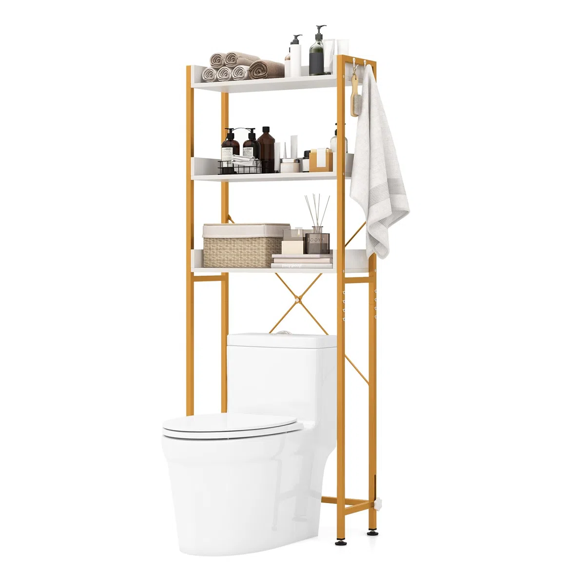 COSTWAY Estanteria sobre Inodoro WC, Estantería de Almacenamiento de 3 Niveles para Baño con 4 Ganchos y Barra Inferior Ajustable, Estantería Multiusos para Baño Lavadero (Blanco + Dorado)