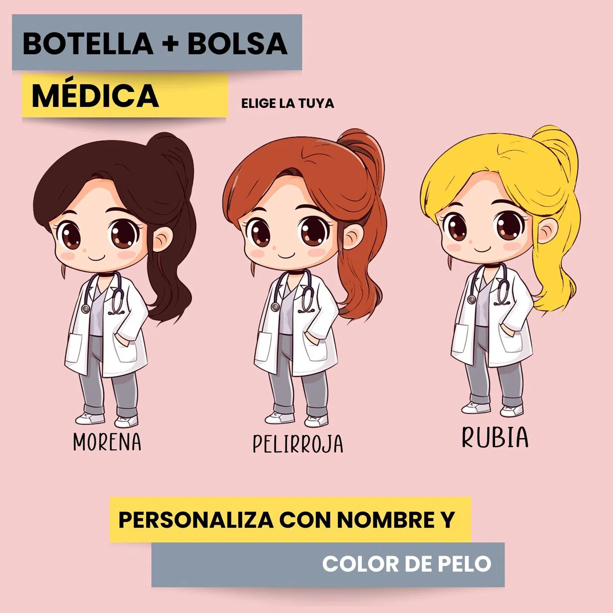 Botella Térmica para medicas personalizada de Acero Inoxidable, 500ml, Diseño Médico Personalizado con Nombre, Tapa de Bambú, Blanco (Botella médica personalizada, MORENA)