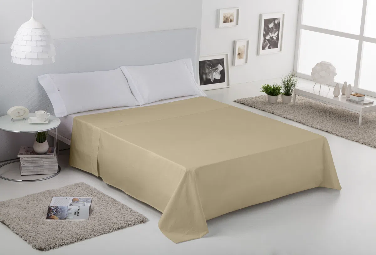 ESTELA - Sábana encimera Combi Liso Cala Color Camel - Cama de 90 cm. - 100% Algodón - 144 Hilos