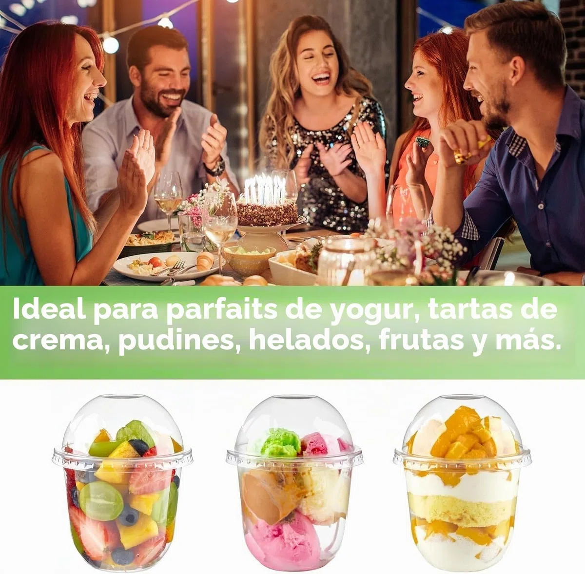 LATERN 50 Piezas Vasos de Postre de Plástico con Cúpula Tapas, 360ml Tazas de Postre Redondas Taza de Aperitivo de Parfait Transparente Tazón para Servir Reutilizable con Tenedores para Pudín Mousse