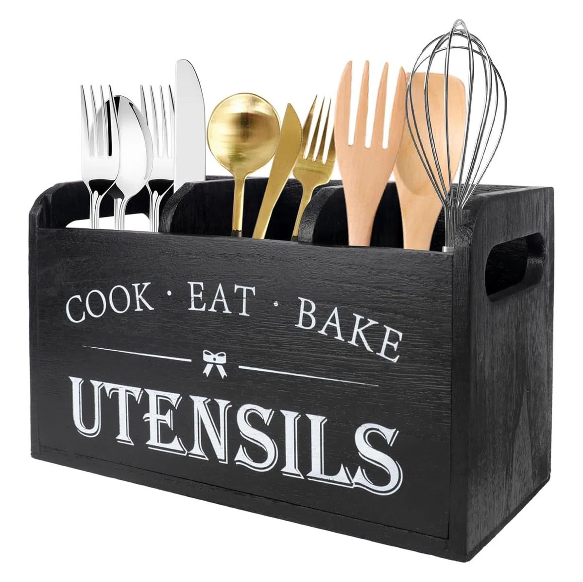 Soporte Utensilios Cocina con 3 Compartimentos & Parte Inferior Drenaje, Bote Organizador de Cocina Madera, Almacenamiento Cubiertos Granja para Decoración Encimera, Herramientas, Cucharas, Espátulas