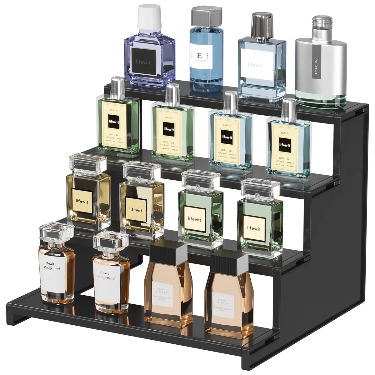 Lifewit Expositor Perfumes 4 Niveles, Estante Perfumes Verticales de Plástico, Expositor Metacrilato para Figuras Pop, Magdalenas, Cosmético, 1 Paquete, Negro, 30 cm
