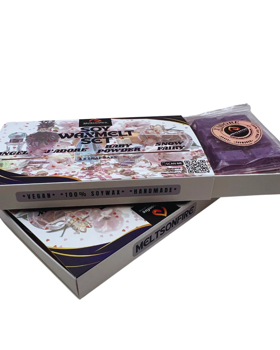 meltsonfire Cera para derretir – 4 barras a presión – (ángel, talco de bebé, J'Adore, hada de nieve) – cera de soja perfumada que se derrite vegana