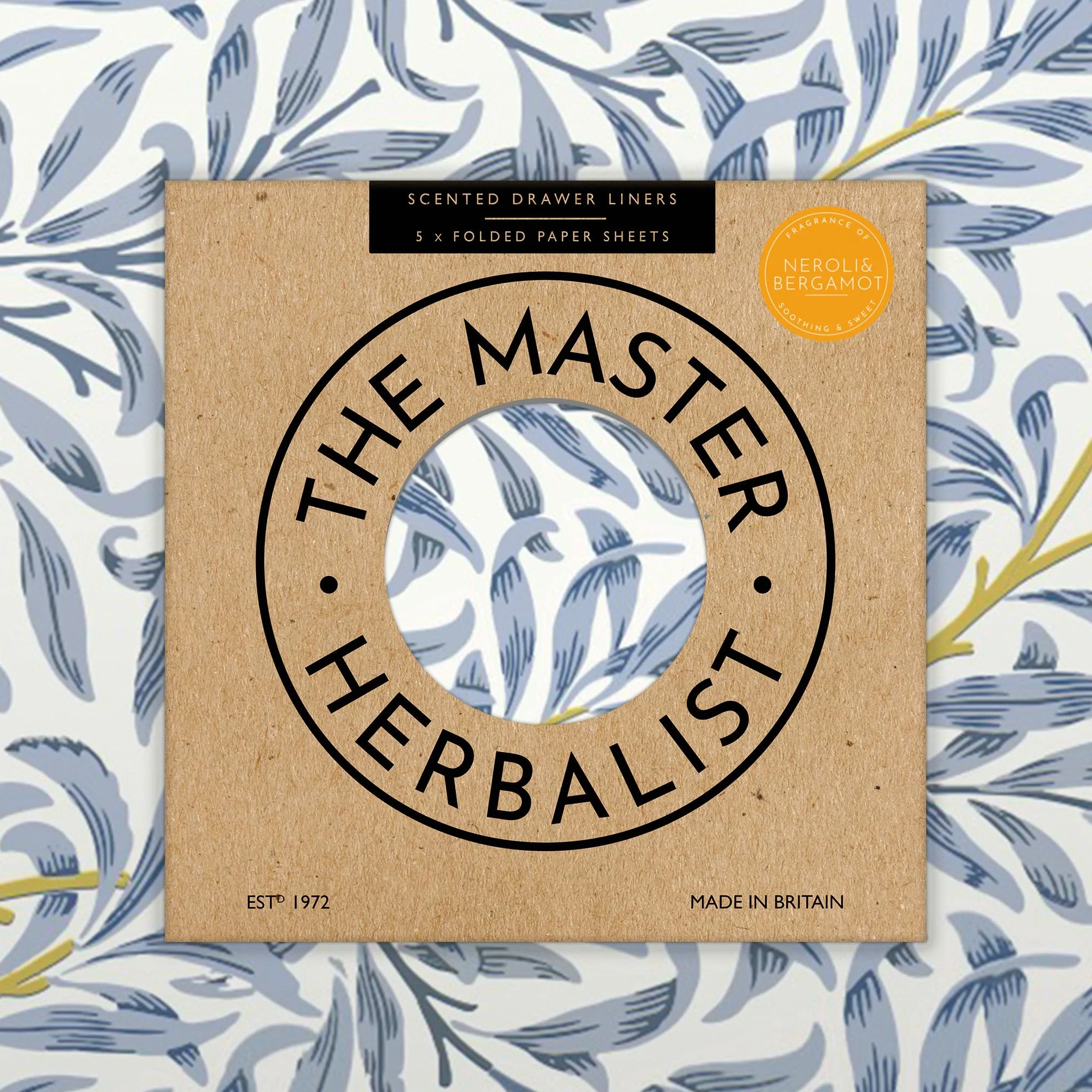 The Master Herbalist Forro para Cajones Perfumado en un Diseño Azul William Morris (Plegado), Paquete de 5 Hojas, Contiene Aceites Esenciales (Neroli y bergamota, Folded)