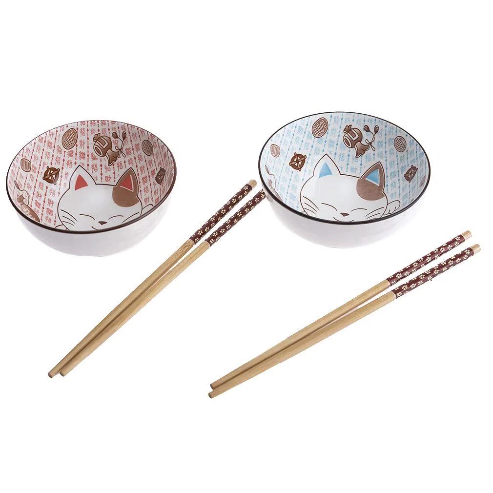 lachineuse - Caja de comida japonesa - Diseño Maneki Neko - Gato amuleto - 2 cuencos de arroz y sus palillos - Duo Gourmand - Decoración japonesa - Idea de regalo Japón Asia …