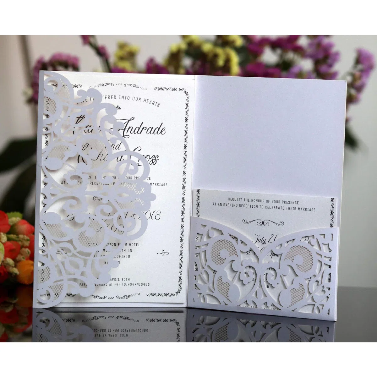 10pcs Tarjeta de invitación de Boda, Invitaciones de Boda, Hollow Floral Design, con 2 Tarjetas en Blanco, Blanco