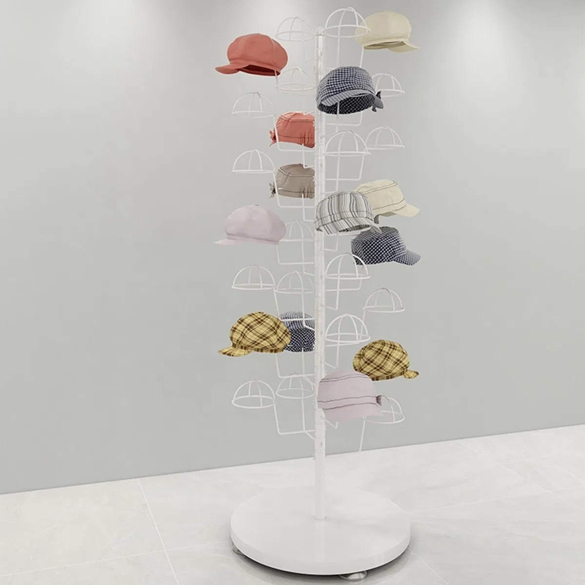 Expositor de Sombreros de Metal Ajustable con 4 Ruedas giratorias, Soporte de Suelo Giratorio para Gorras, Pelucas y Cascos, con Capacidad para 10-35 Sombreros (Blanco, con 30 sopo