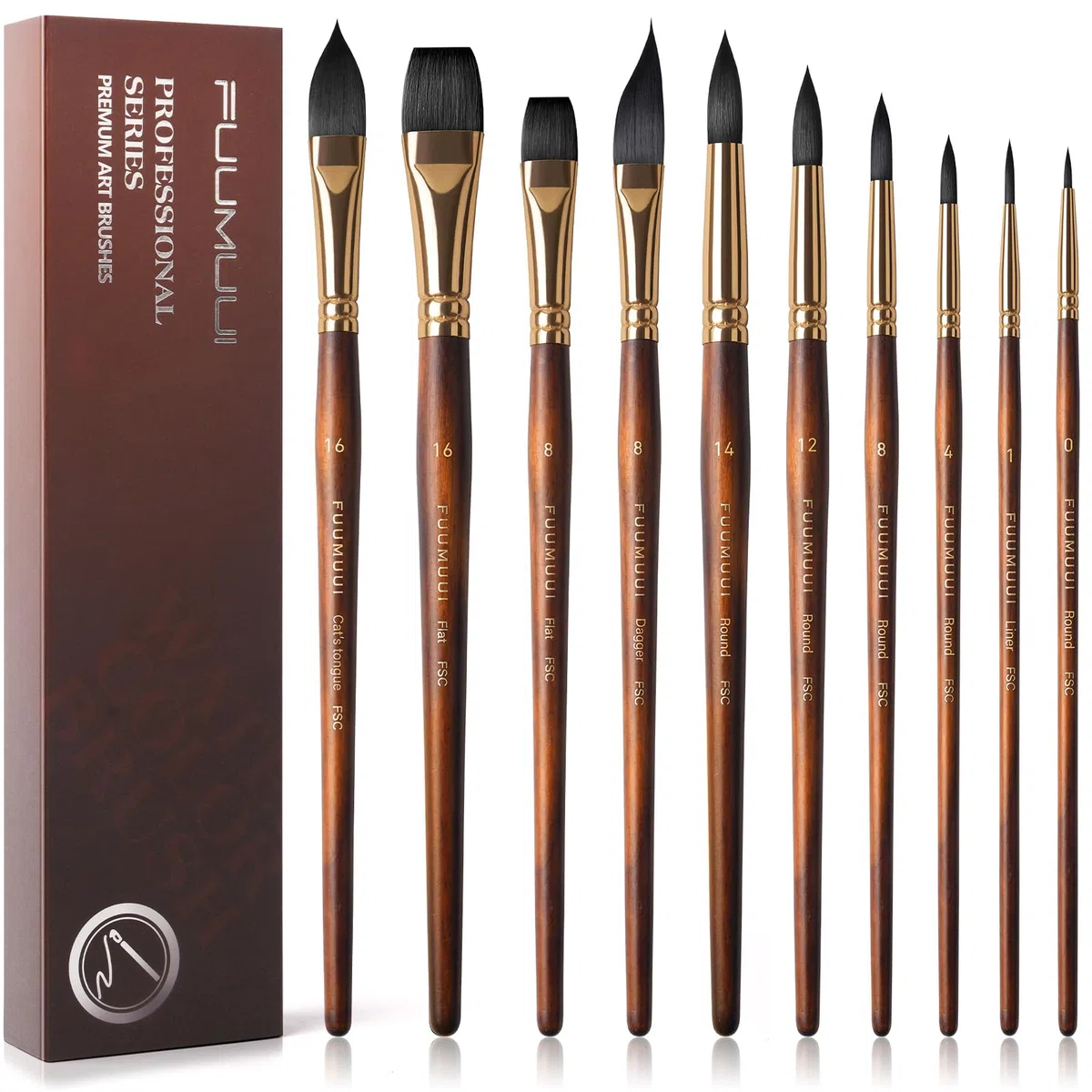 Fuumuui Pinceles Acuarela Profesional - 10 Pinceles de Pelo Sintético Ardilla para Acuarela | Excelente Resorte y Gran Absorción | Pinceles Redonda, Planos, Lengua de Gato, Daga | Watercolor Brushes