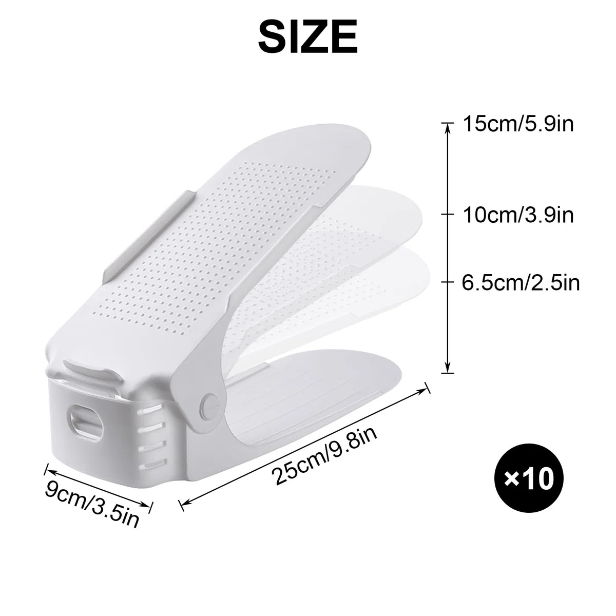 Juego de 10 zapateros ajustables, zapatero antideslizante, apilable para zapatos, 3 estantes ajustables en altura de doble nivel, organizador de zapatos que ahorra espacio (blanco-1)