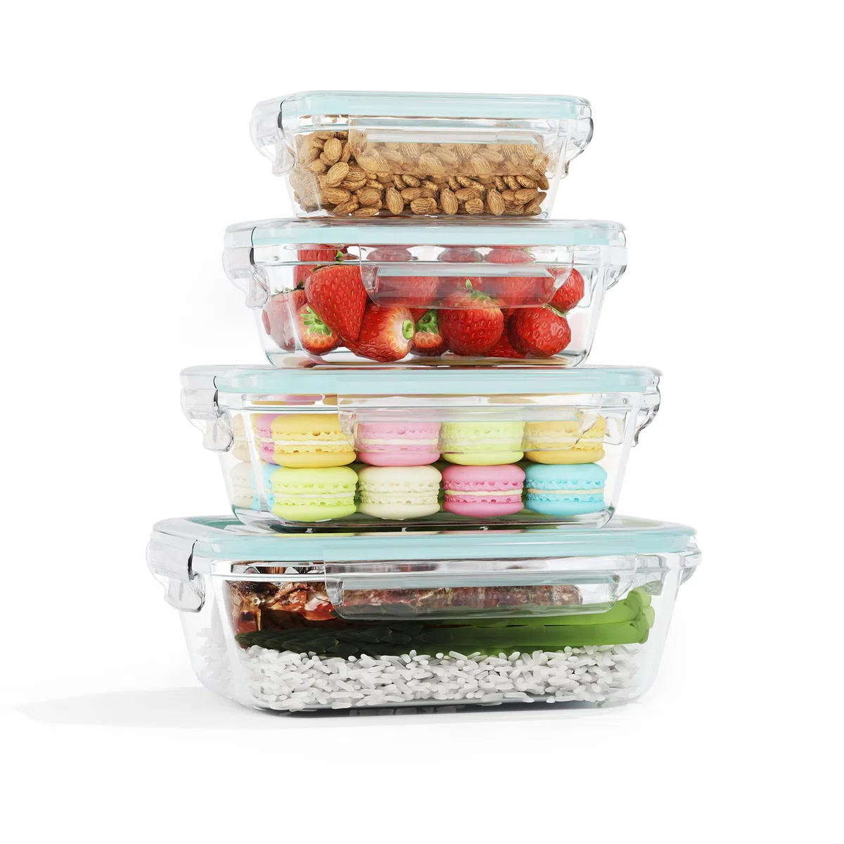 Recipientes Herméticos de Cristal 4 Piezas – Fiambreras de Vidrio con Tapa – 1040ml/640ml/370ml/180ml – Apto Microondas, Horno, Congelador – Sin BPA – Almacenamiento de Comida