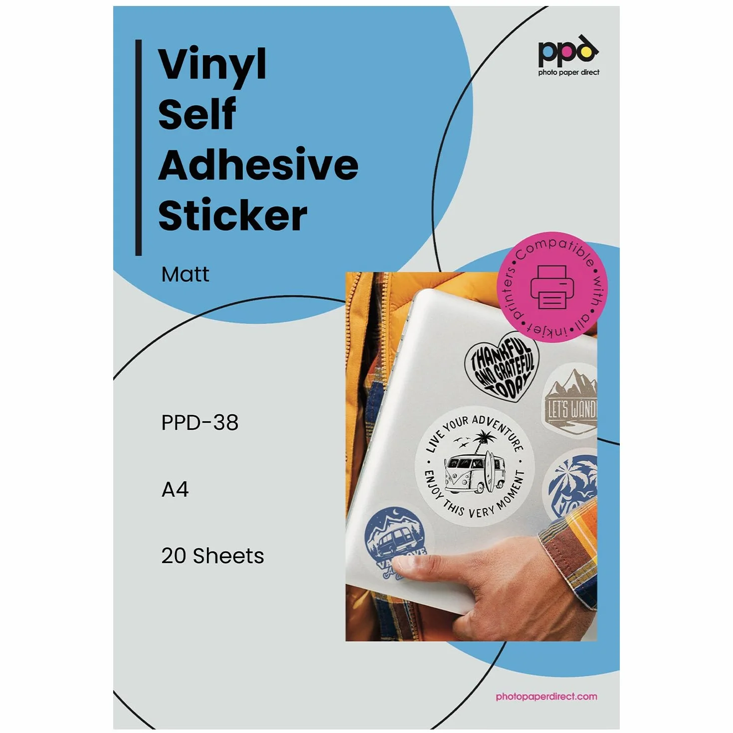 PPD Inkjet - A4 x 20 Pegatinas de Vinilo Autoadhesivo Mate Imprimibles de Grado Comercial - Calidad Fotográfica y A Prueba de Desgarro - Para Impresora de Inyección de Tinta - PPD-38-20